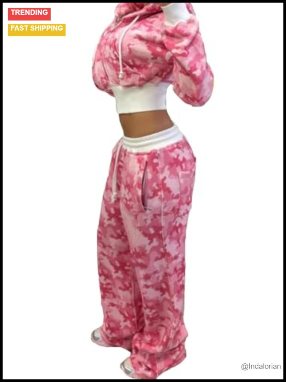 Women's 2 Piece Camo Sweatsuit Set Crop Zip Up Hoodie Wide Leg Sweatpants Y2K